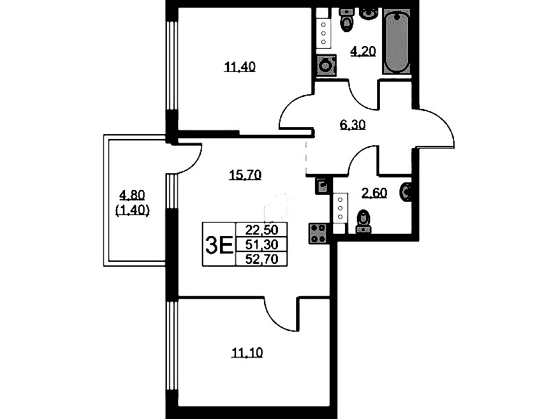 2-комнатная квартира 52.7 м², 10/11 эт., ЖК «А101 Лаголово»